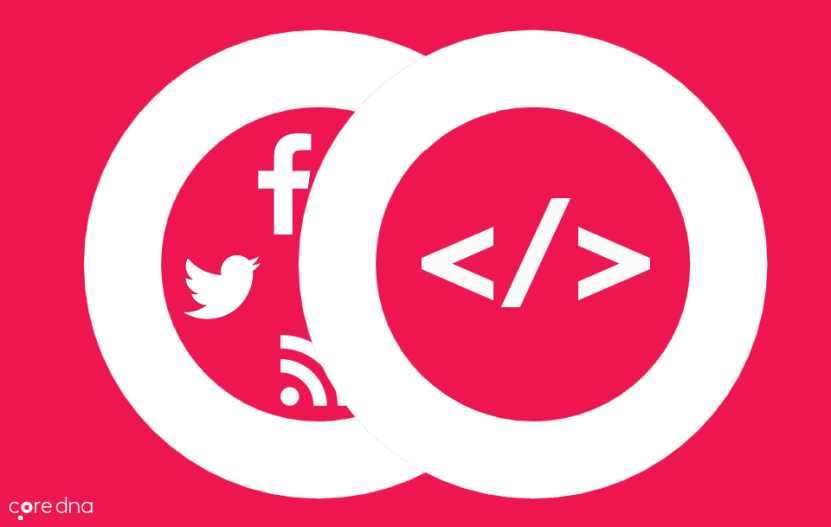 Social media and code symbols overlapping on a red background