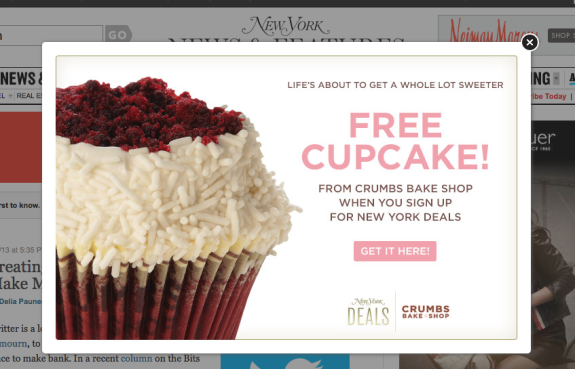 Free cupcake offer from Crumbs Bake Shop for signing up for New York deals.