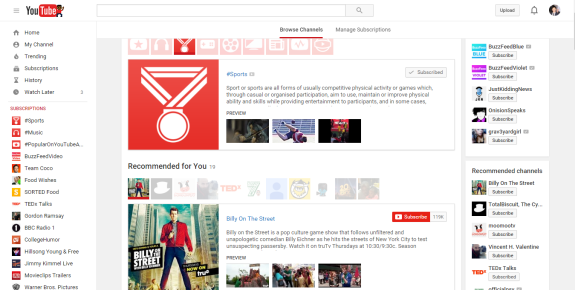 YouTube dashboard showing subscribed channels and recommended videos.