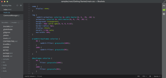 Screenshot of CSS code in Brackets code editor interface.