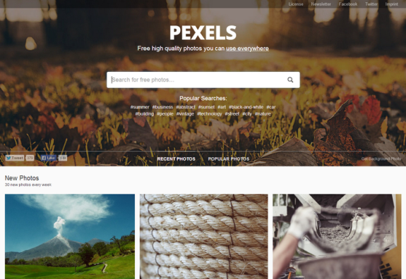 Screenshot of Pexels homepage with search bar and photo gallery.