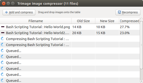 Trimage image compressor interface showing file list and compression details.