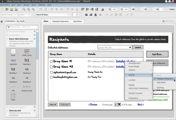 Software interface mockup showing a recipients list with addresses