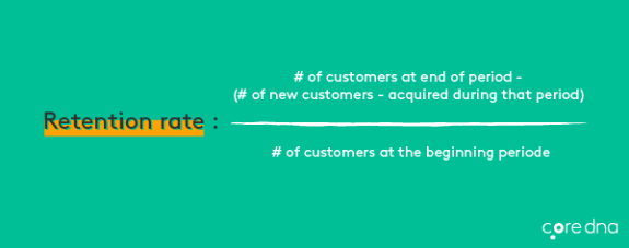 Customer retention rate formula infographic with teal background and white text.