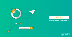 Infographic with chart and paper plane illustrating vital ecommerce metrics on teal background.