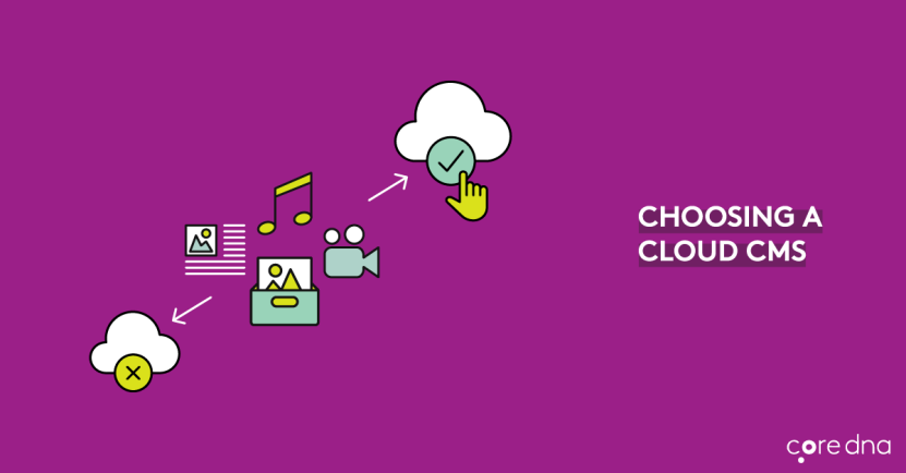 Illustration depicting cloud CMS selection process with icons on purple background.