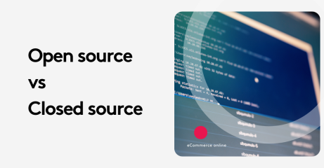 Open source vs closed source text with computer screen showing code.