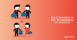 Illustration comparing B2B and B2C eCommerce on orange background with text.