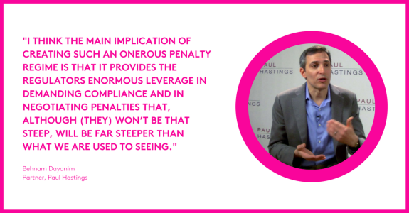 Business professional in suit discussing compliance with quote graphic.