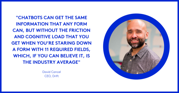 Quote about chatbots with a smiling person in a blue circle frame.