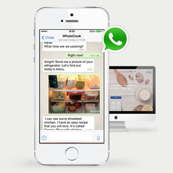 Smartphone displaying WhatsApp cooking chat with refrigerator image and recipe advice.