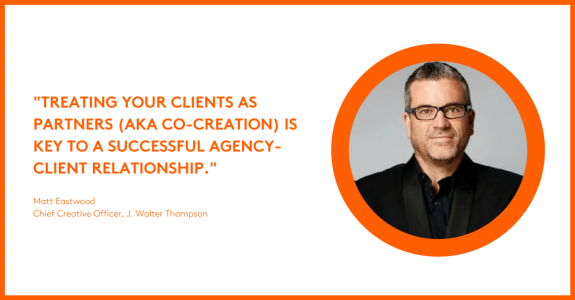 Quote about client partnership for successful agency relationship with a portrait of a man.