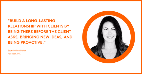 Quote about building client relationships with a woman's photo in an orange circle.