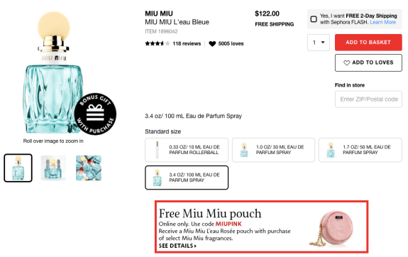 Miu Miu L'eau Bleue perfume product page with free pouch offer.