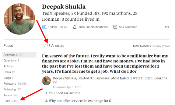 Social media profile showing business advice and engagement statistics.