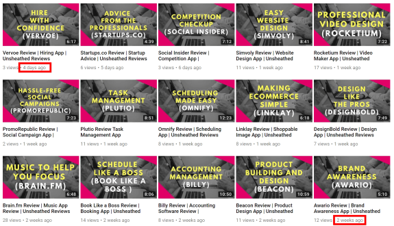Grid of YouTube video thumbnails showing app reviews and titles with pink and gray backgrounds.