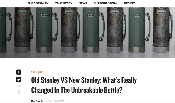 Comparison of old and new Stanley bottles lined up in a row.