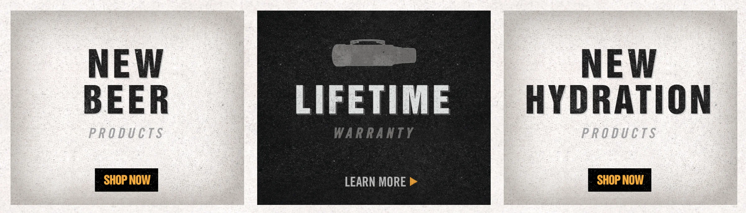 Image with text promoting new beer and hydration products with lifetime warranty.