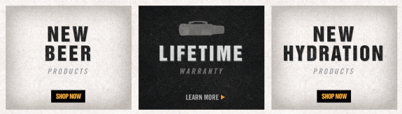 Image with text promoting new beer and hydration products with lifetime warranty.