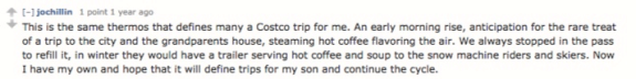 Reddit comment sharing nostalgic memory of a Costco trip with a thermos.