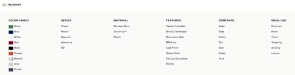 Product filter options including color, series, material, features, contents, and ideal use.