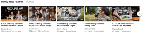 Stanley Boozy Favorites YouTube video thumbnails featuring cocktail recipes.