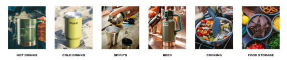 Six images of Stanley products for hot drinks, cold drinks, spirits, beer, cooking, and food storage.