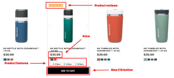 Stanley Go Bottle and Tumbler product display with prices and features.