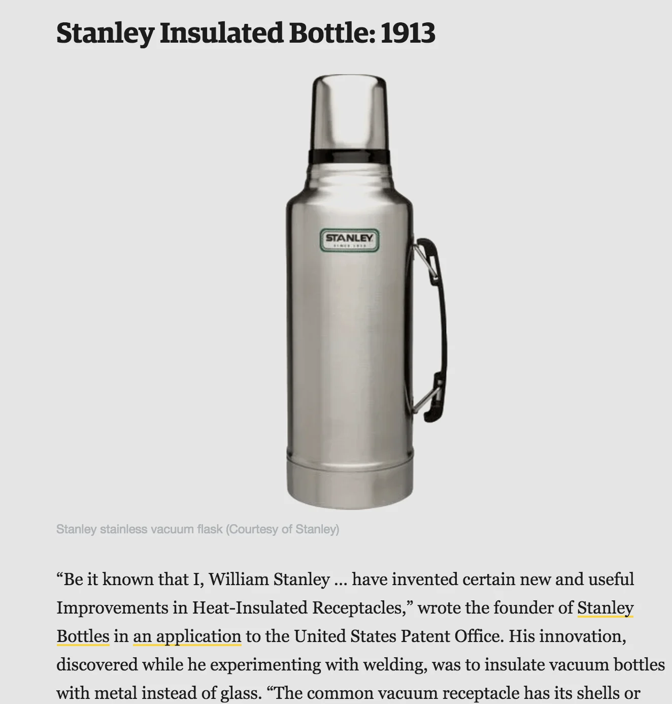 Stanley insulated bottle from 1913 with stainless steel design.