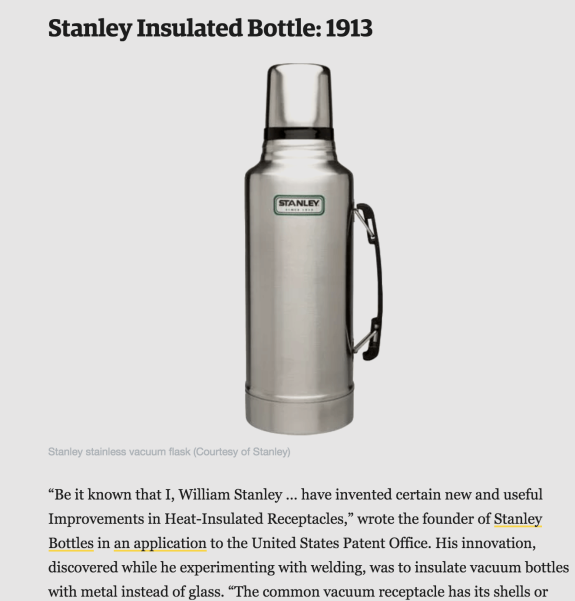 Stanley insulated bottle from 1913 with stainless steel design.
