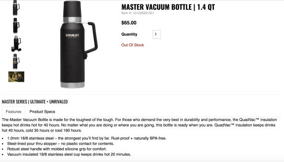 Stanley Master Vacuum Bottle 1.4 QT black, out of stock, priced at $65.