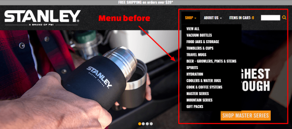 Stanley menu navigation with person pouring from vacuum bottle