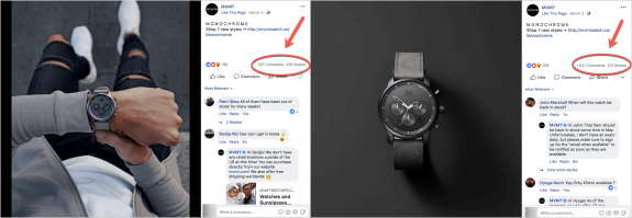 MVMT monochrome watch on wrist next to social media post with comments and shares.