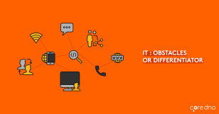Conceptual illustration depicting IT as obstacles or differentiator with icons on orange background.