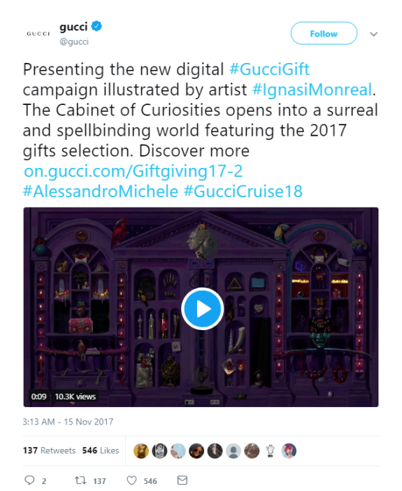 Gucci Gift campaign tweet featuring a surreal cabinet illustration by Ignasi Monreal.