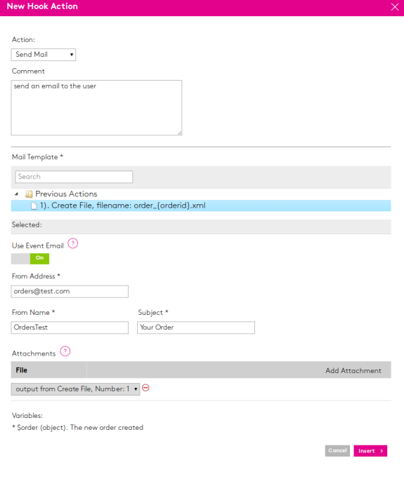 Screenshot of new hook action email settings with fields for action, comment, and email details.