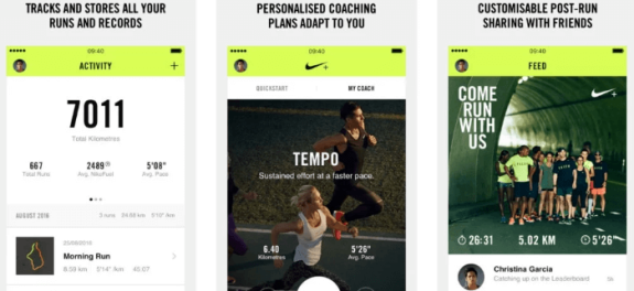 Nike running app feature overview showing tracking, coaching, and sharing options.