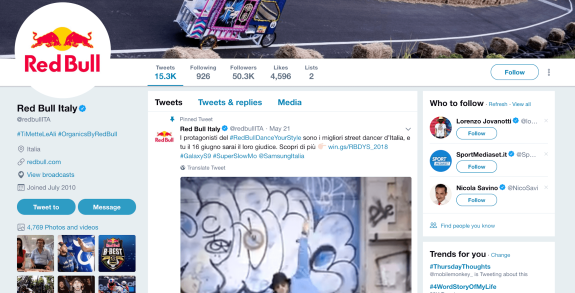 Screenshot of Red Bull Italy's Twitter profile page showing tweets and follower count.