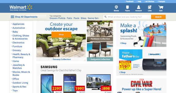 Walmart homepage featuring summer promotions on outdoor furniture and electronics.