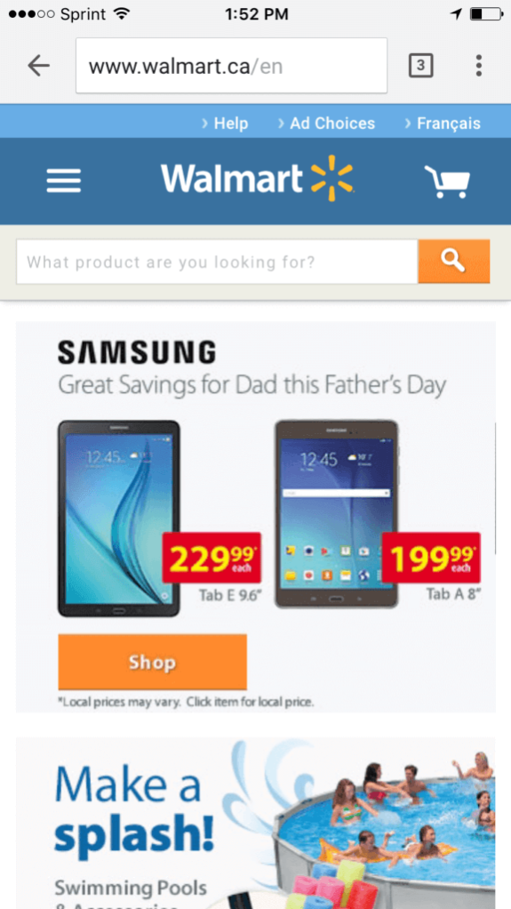 Walmart online ad featuring Samsung tablet deals for Father's Day and a swimming pool promotion.