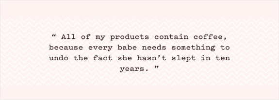 Quote about products containing coffee and lack of sleep on zigzag background.