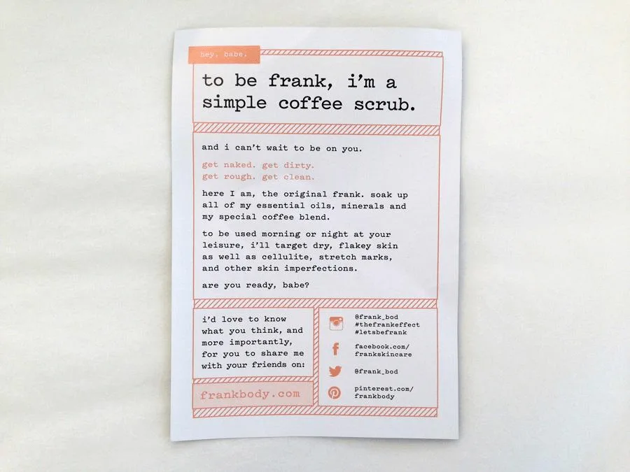 Frank Body coffee scrub packaging with product description and social media links.