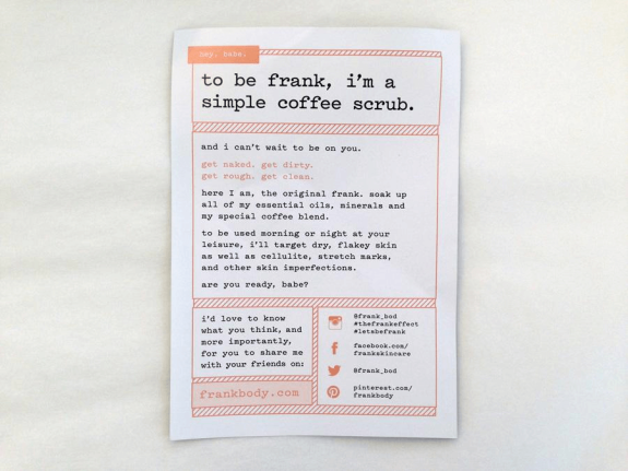 Frank Body coffee scrub packaging with product description and social media links.