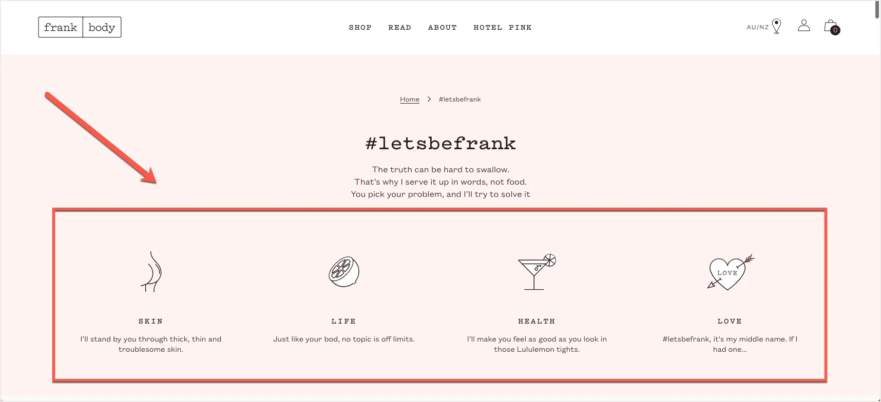 Frank Body website section featuring #letsbefrank with skin, life, health, and love topics.