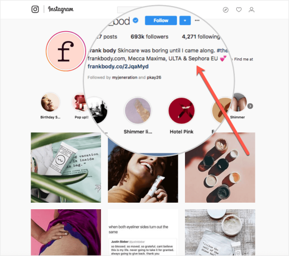 Instagram profile of Frank Body highlighting skincare products and followers.