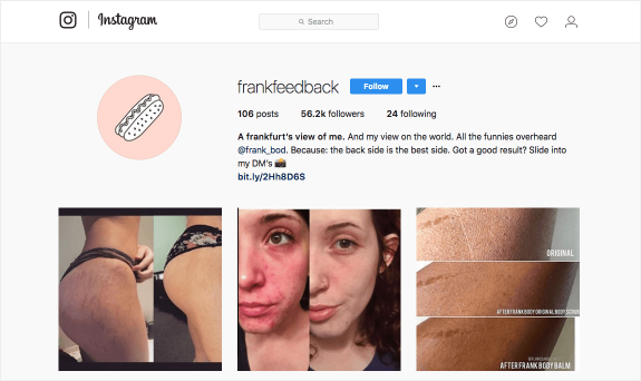 Instagram profile of frankfeedback showing user details and three image posts.