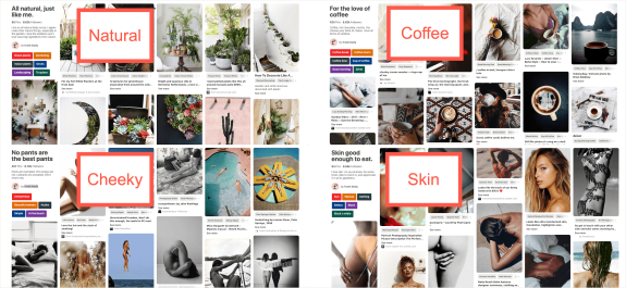Pinterest mood board with sections labeled Natural, Coffee, Cheeky, and Skin, showcasing various lifestyle images.