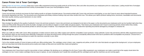 Text describing benefits of Canon printer ink and toner cartridges.