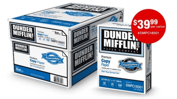 Dunder Mifflin copy paper boxes with $39.99 price tag in red circle
