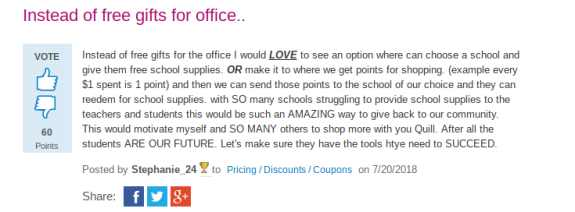 Discussion post about choosing school supplies over free office gifts with a voting option.